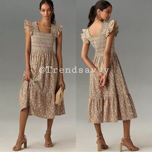 Anthropologie Floral Smocked Midi Dress Square Neck Cotton Large NWT